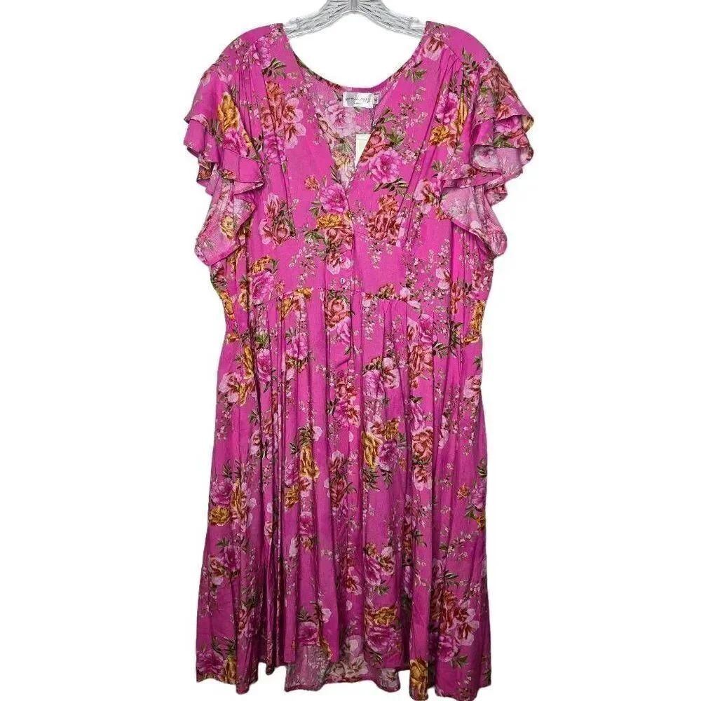 Proud Poppy Alexis Dress Pink Floral Button Front Flutter Sleeves Size XL